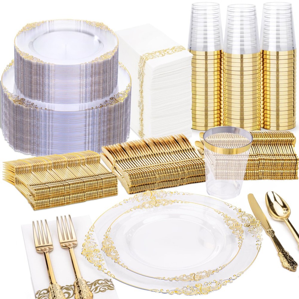 Nervure 350PCS Clear Gold Plastic Plates - Gold Plastic Dinnerware Sets for 50 Guests - 100 Disposable Plates, 150 Silverware, 50 Cups, 50 Napkins for Wedding & Party & Thanksgiving