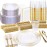 Nervure 350PCS Clear Gold Plastic Plates - Gold Plastic Dinnerware Sets for 50 Guests - 100 Disposable Plates, 150 Silverware, 50 Cups, 50 Napkins for Wedding & Party & Thanksgiving