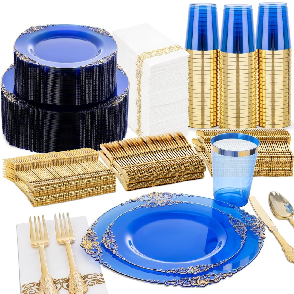 Nervure 350PCS Blue Plastic Plates - Blue Plastic Dinnerware Sets for 50 Guests - 100 Disposable Plates, 150 Gold Silverware, 50 Cups, 50 Napkins for Wedding & Party & Thanksgiving Day