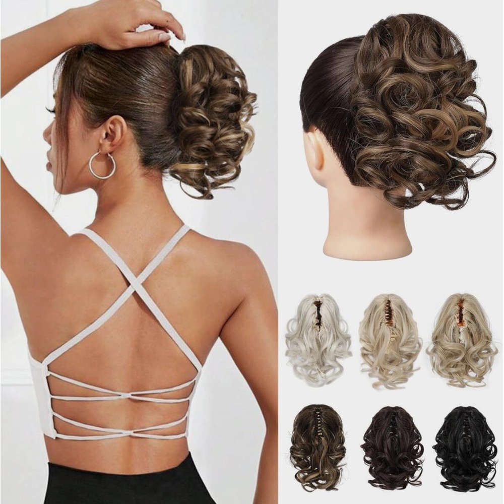 REECHO Ponytail Extension, 9 Claw Clip in Short Curly Wavy Pony Hair Extension Jaw Clip on Pony Tail HP001 Hairpiece for Women - Chestnut Brown with Golden Highlights