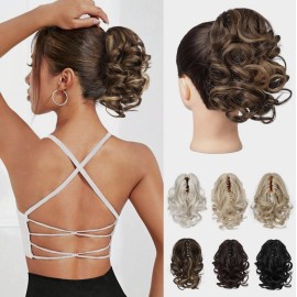 REECHO Ponytail Extension, 9 Claw Clip in Short Curly Wavy Pony Hair Extension Jaw Clip on Pony Tail HP001 Hairpiece for Women - Chestnut Brown with Golden Highlights