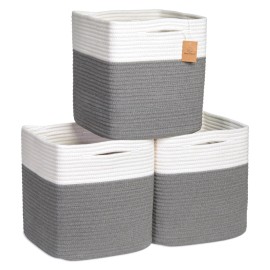 NaturalCozy Storage Cubes 11 Inch Cotton Rope Woven Baskets for Organizing, 3-Pack | Cube Storage Bin | Square Storage Baskets for Shelves Organizer, Classroom, Kids Toy Bins, Closet, Baby Nursery