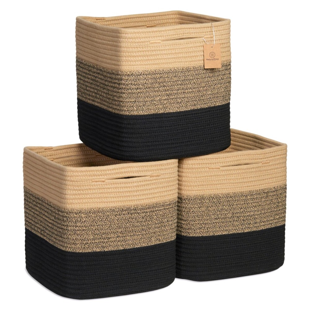 NaturalCozy Storage Cubes 11 Inch Cotton Rope Woven Baskets for Organizing, 3-Pack | Cube Storage Bin | Square Storage Baskets for Shelves Organizer, Classroom, Kids Toy Bins, Closet, Baby Nursery