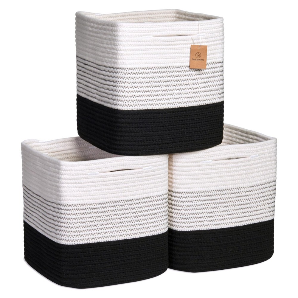 NaturalCozy Storage Cubes 11 Inch Cotton Rope Woven Baskets for Organizing, 3-Pack | Cube Storage Bin | Square Storage Baskets for Shelves Organizer, Classroom, Kids Toy Bins, Closet, Baby Nursery