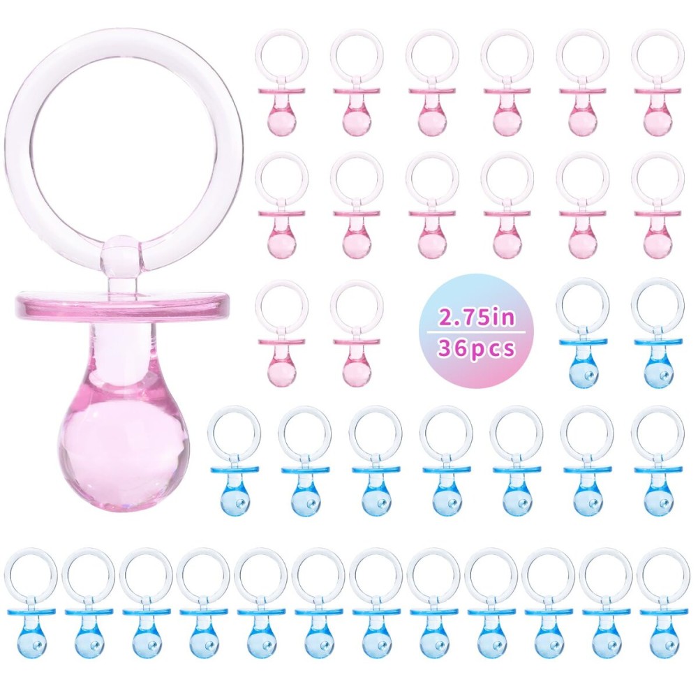 Pacifiers for Baby Shower Game, 36 Plastic Pacifiers for Baby Shower Decoration DIY, Large Size Baby Shower Pacifiers, Gender Reveal Party Table Scatter/Hunt Baby Shower Game Props(Blue&Pink, 2.75 in)