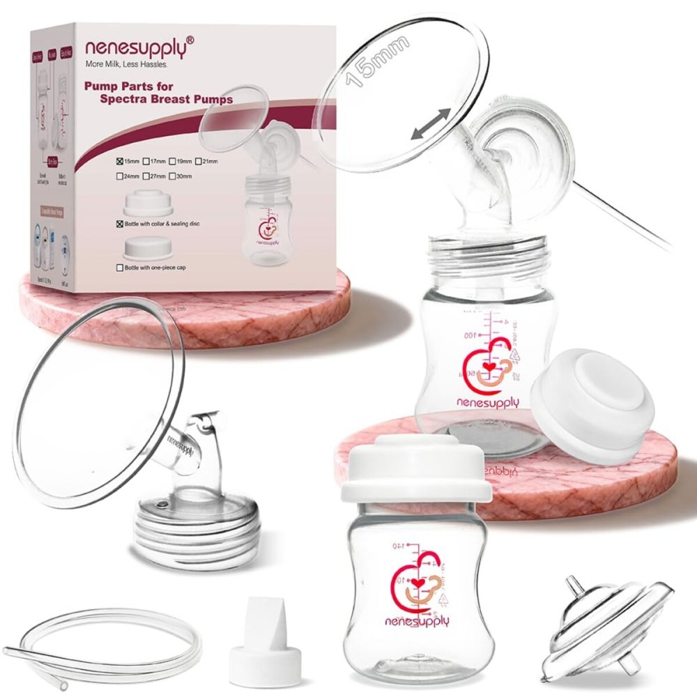 Nenesupply 15mm Pump Parts Compatible with Spectra S2 S1 9 Plus Breast Pump Replace Spectra Pump Parts and S2 Accessories Incl 15mm Flange Duckbill Valve Tubing Backflow Protector Bottle