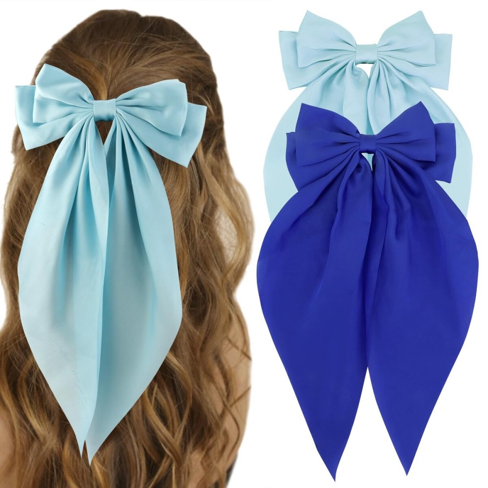 ATODEN Silky Satin Oversized Long Tail Bowknot Hair Accessories - 2 Pcs Big Blue Barrettes With Metal Clips for Women