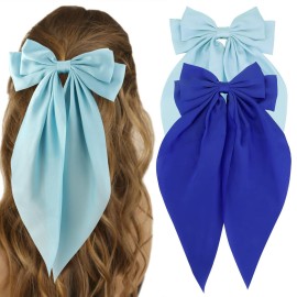 ATODEN Silky Satin Oversized Long Tail Bowknot Hair Accessories - 2 Pcs Big Blue Barrettes With Metal Clips for Women
