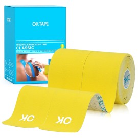 OK TAPE Kinesiology Tape 10 inches Precut, 20 Strips, Cotton Elastic Athletic Tape Latex Free, 2inch x 16ft, 2 Rolls Yellow