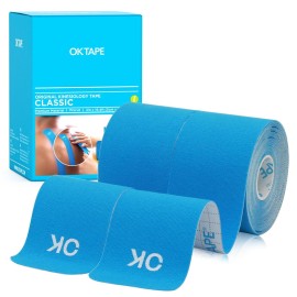 OK TAPE Kinesiology Tape 10 inches Precut, 20 Strips, Cotton Elastic Athletic Tape Latex Free, 2inch x 16ft, 2 Rolls Light Blue