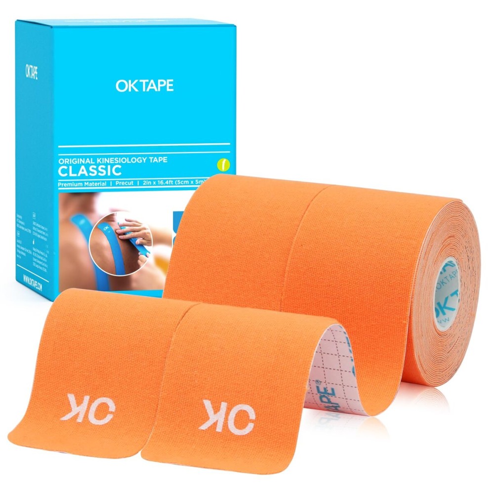 OK TAPE Kinesiology Tape 10 inches Precut, 20 Strips, Cotton Elastic Athletic Tape Latex Free, 2inch x 16ft, 2 Rolls Orange
