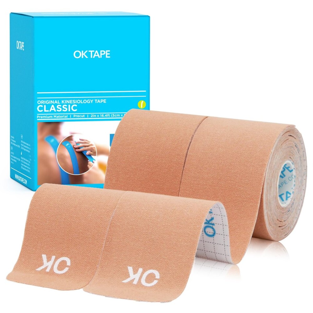 OK TAPE Kinesiology Tape 10 inches Precut, 20 Strips, Cotton Elastic Athletic Tape Latex Free, 2inch x 16ft, 2 Rolls Beige