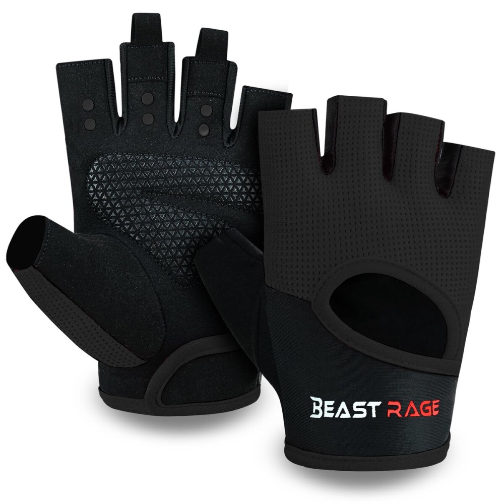 BEAST RAGE Workout Gloves for Men Gym Gloves for Weightlifting Women Fingerless with Palm Protection Padding, Breathable and Lightweight Weight Lifting Glove Cycling Pull Up (Black, M)
