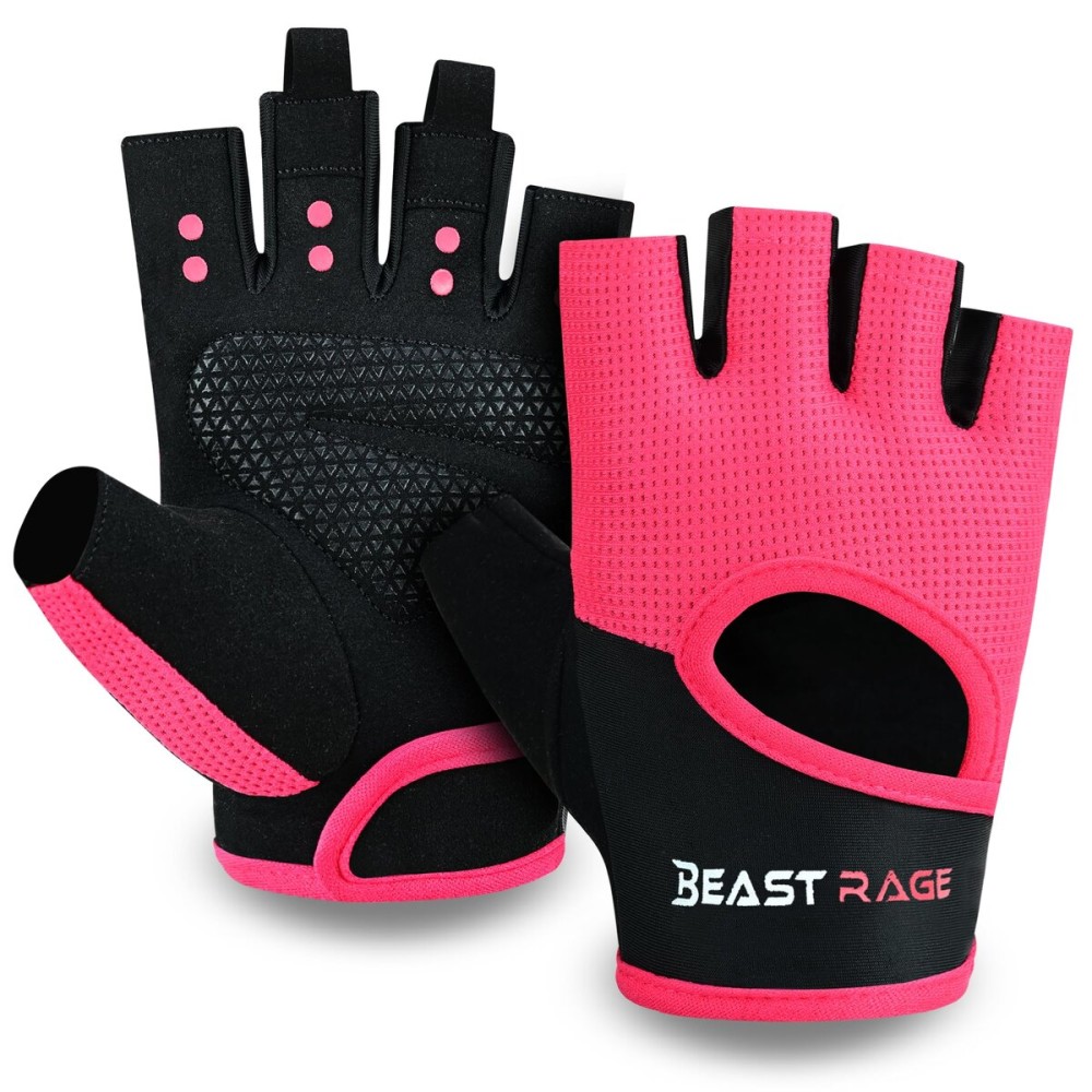 BEAST RAGE Workout Gloves for Men Gym Gloves for Weightlifting Women Fingerless with Palm Protection Padding, Breathable and Lightweight Weight Lifting Glove Cycling Pull Up (Magenta, M)