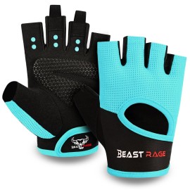 BEAST RAGE Workout Gloves for Men Gym Gloves for Weightlifting Women Fingerless with Palm Protection Padding, Breathable and Lightweight Weight Lifting Glove Cycling Pull Up (Cyan, L)