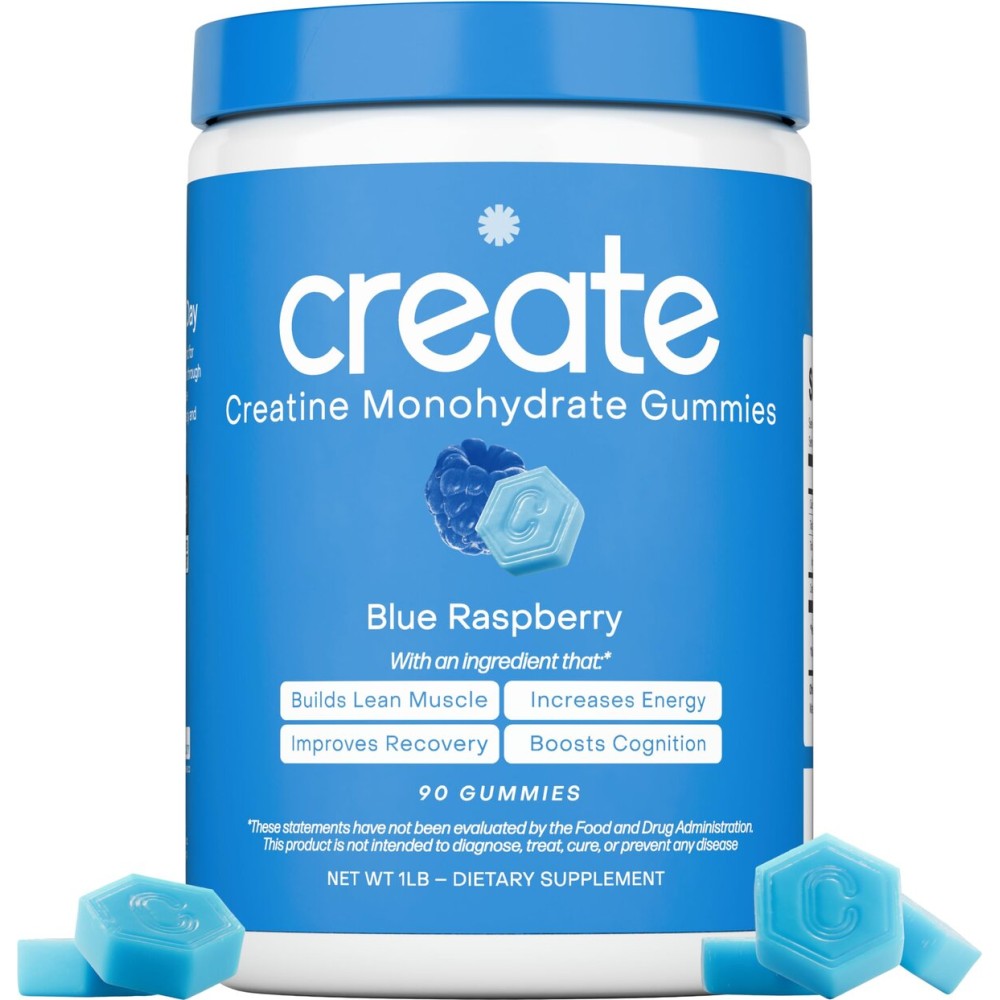 Create Creatine Monohydrate Gummies for Men & Women, Boost Focus, Strength, and Endurance, Anti-Melting Formula, Vegan, Gluten-Free, Non-GMO, 1.5g of Creatine per Gummy (Blue Raspberry)