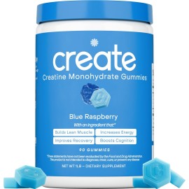 Create Creatine Monohydrate Gummies for Men & Women, Boost Focus, Strength, and Endurance, Anti-Melting Formula, Vegan, Gluten-Free, Non-GMO, 1.5g of Creatine per Gummy (Blue Raspberry)