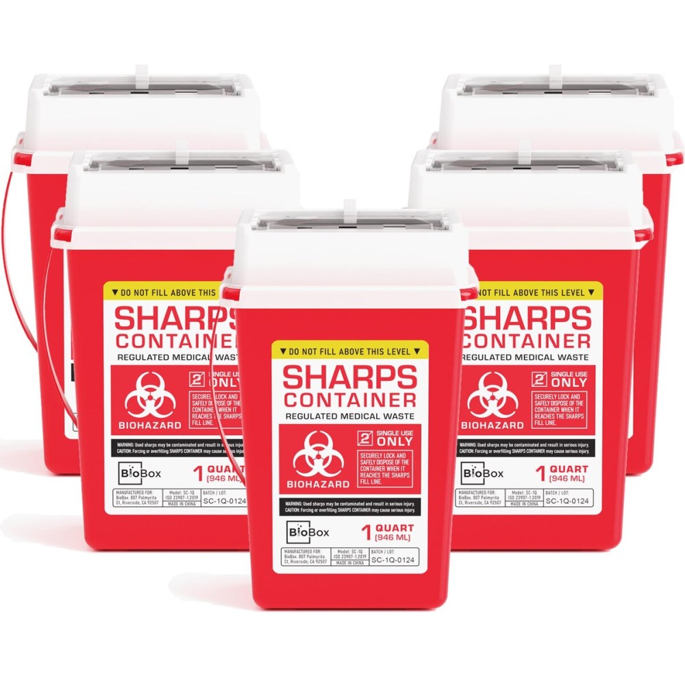 Sharps Container Small - Sharps Containers for Home Use and Labs - Portable Needle Disposal and Travel Size Biohazard Bin - 1 Quart (Pack of 5)