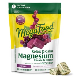 MegaFood Relax + Calm Magnesium Complex with Magnesium Citrate & Malate for Heart Health, Muscle Tension & More - Doctor Formulated - Vegetarian - Grape Flavor - 60 Soft Chews (30 Servings)