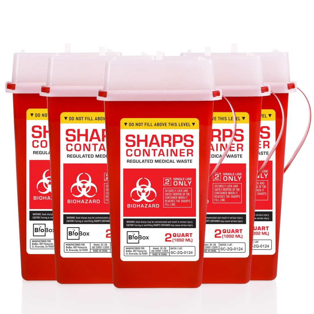 Sharps Container Small - Sharps Containers for Home Use and Labs - Portable Needle Disposal and Travel Size Biohazard Bin - 2 Quart (Pack of 5)