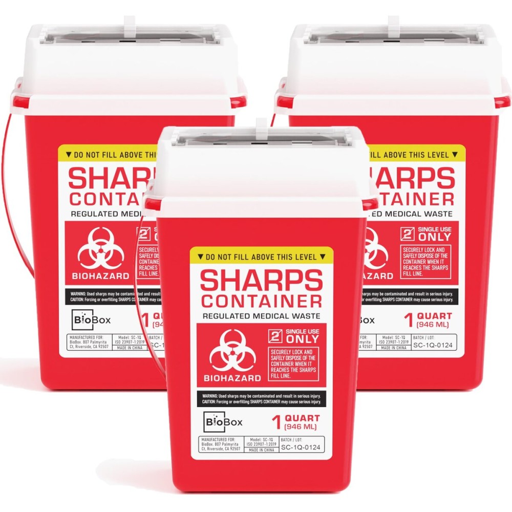 Sharps Container Small - Sharps Containers for Home Use and Labs - Portable Needle Disposal and Travel Size Biohazard Bin - 1 Quart (Pack of 3)