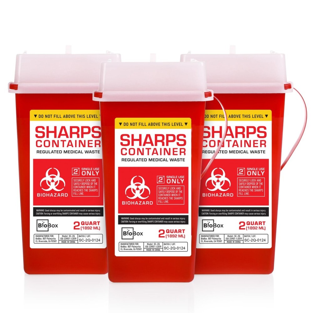 Sharps Container Small - Sharps Containers for Home Use and Labs - Portable Needle Disposal and Travel Size Biohazard Bin - 2 Quart (Pack of 3)