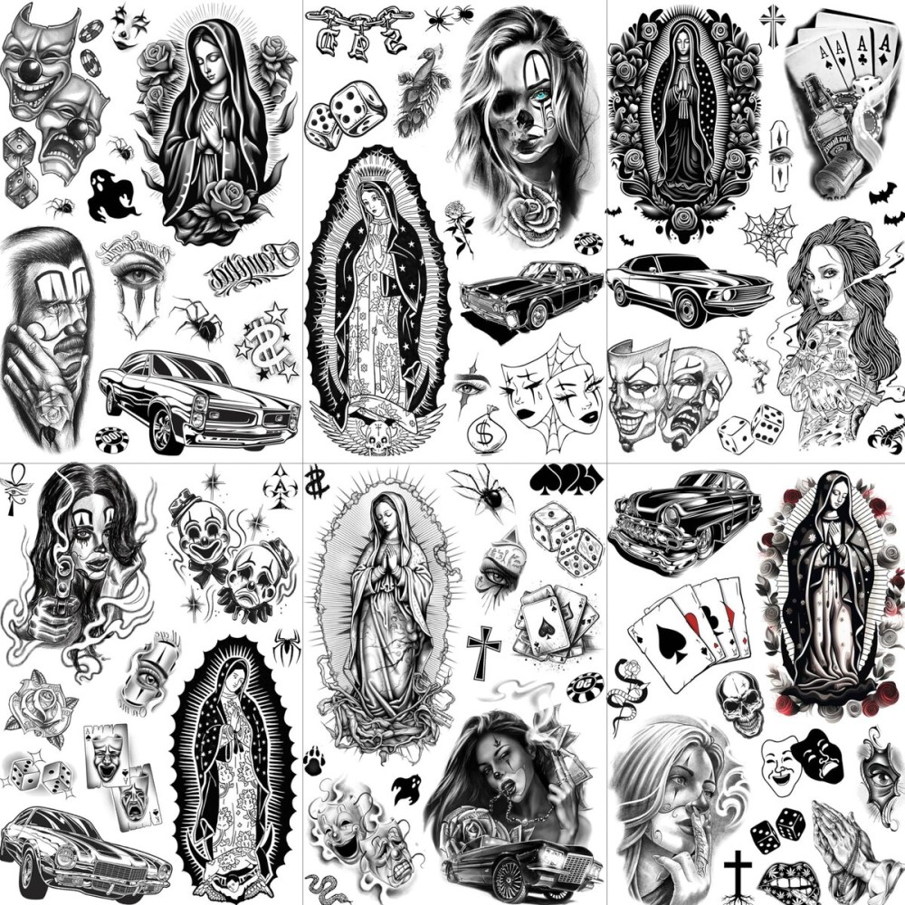 GOROMON 6 Sheets Chicano Temporary Tattoos For Women Men Adults Halloween Face Makeup Kit, Black Guadalupe Tattoo Stickers, Gangster Payasa Gansta Fake Tatoos Prison Familia Joker, Tatuajes Temporales