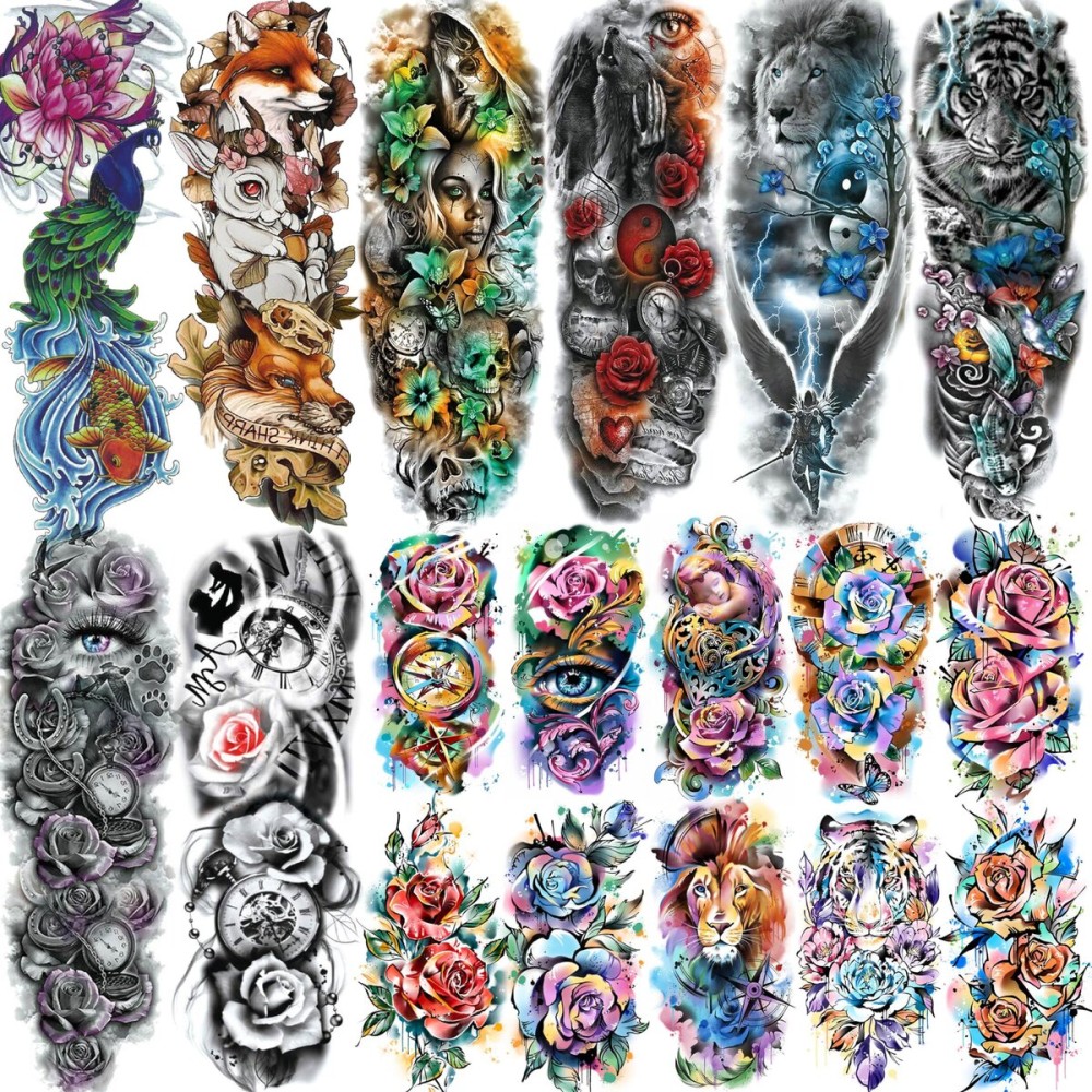 GOROMON 18 Sheets Large Full Arm Temporary Tattoos For Adults, 8 Sheets Peocock Lion Wolf Tiger Compass Flower Fake Sleeve Tattoos For Women Thigh, 10 Sheets Watercolor Rose Half Arm Tatoos Stickers