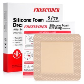 FRESINIDER Silicone Foam Dressing with Adhesive Border - Wound Dressing Bandage - Silicone Foam Pad - Pack of 5 - 5 x 5 Inches Large Waterproof Bandages - Self Adhesive Wound Care and Dressings