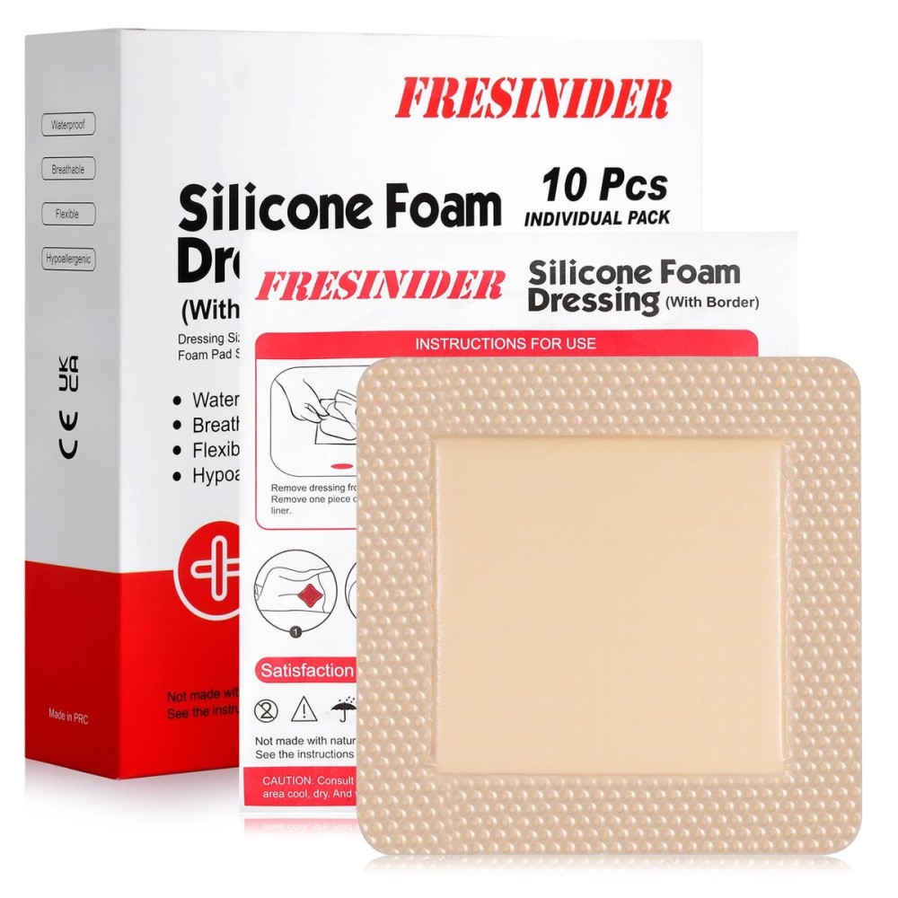 FRESINIDER Silicone Foam Dressing with Adhesive Border - Wound Dressing Bandage - Silicone Foam Pad - Pack of 10 - 5 x 5 Inches Large Waterproof Bandages - Self Adhesive Wound Care and Dressings