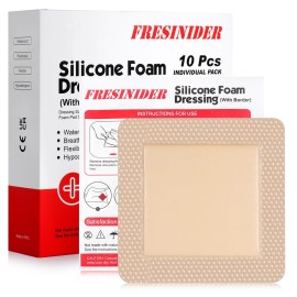 FRESINIDER Silicone Foam Dressing with Adhesive Border - Wound Dressing Bandage - Silicone Foam Pad - Pack of 10 - 5 x 5 Inches Large Waterproof Bandages - Self Adhesive Wound Care and Dressings
