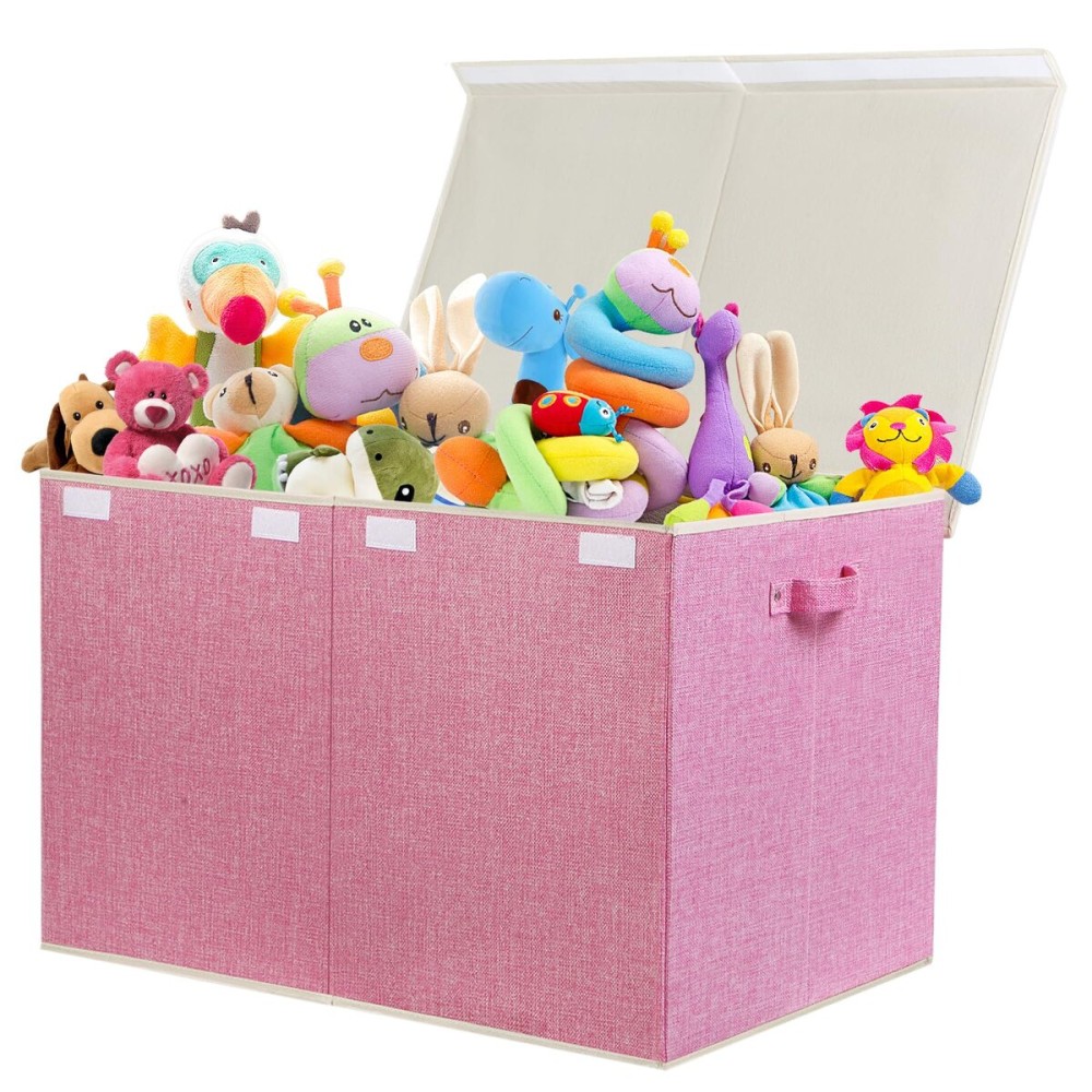 122L Large Toy Box Chest with Lid, Foldable Toy Storage Organizer Bin Boxes with Removable Divider for Kids, Boys, Girls, Nursery, Playroom, 26x17 x17(Linen Pink)