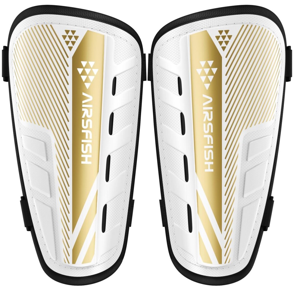 Shin Guards Soccer Kids Youth, CE Certified AirsFish Shin Guard Protection Gear for 2-18 Years Old Boys Girls Teenagers High Impact Resistant Breathable Comfortable (S Plus, White+Gold)