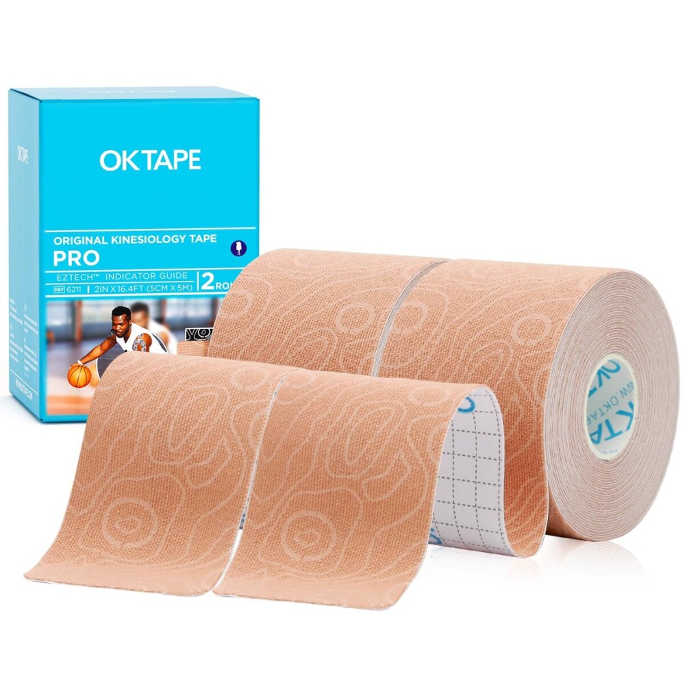 OK TAPE PRO Kinesiology Tape, 2inch x Long Roll 16ft Free Cut Tape, Elastic Athletic Tape Therapeutic Latex Free, 2 Rolls Beige+Beige