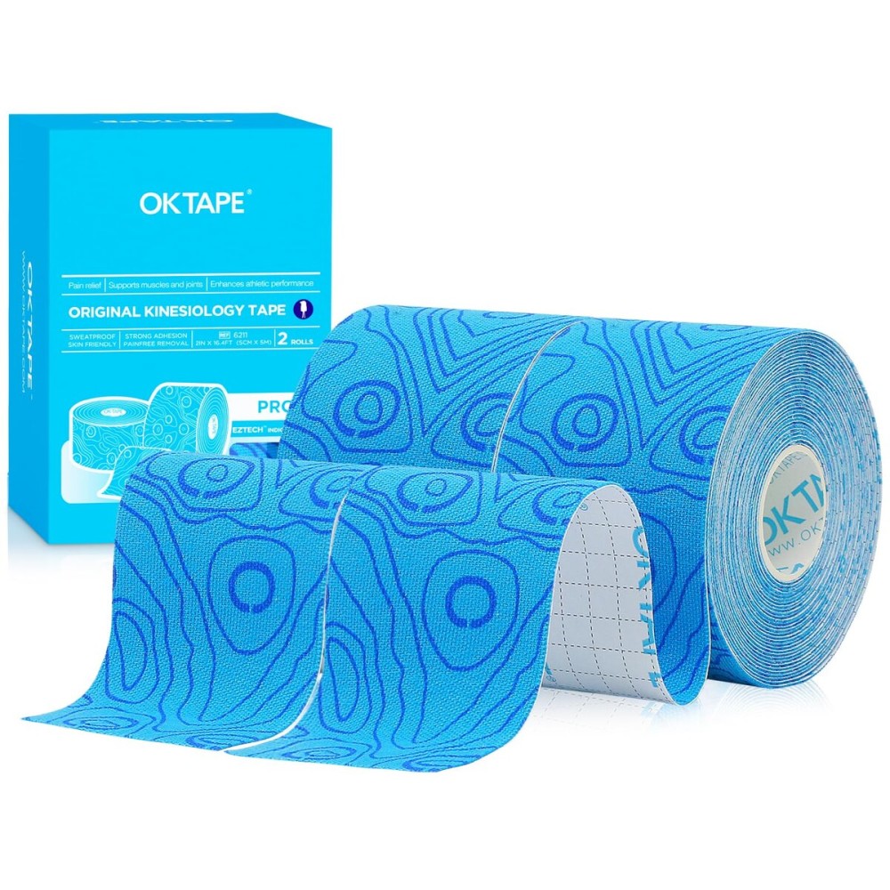 OK TAPE PRO Kinesiology Tape, 2inch x Long Roll 16ft Free Cut Tape, Elastic Athletic Tape Therapeutic Latex Free, 2 Rolls Blue+Blue