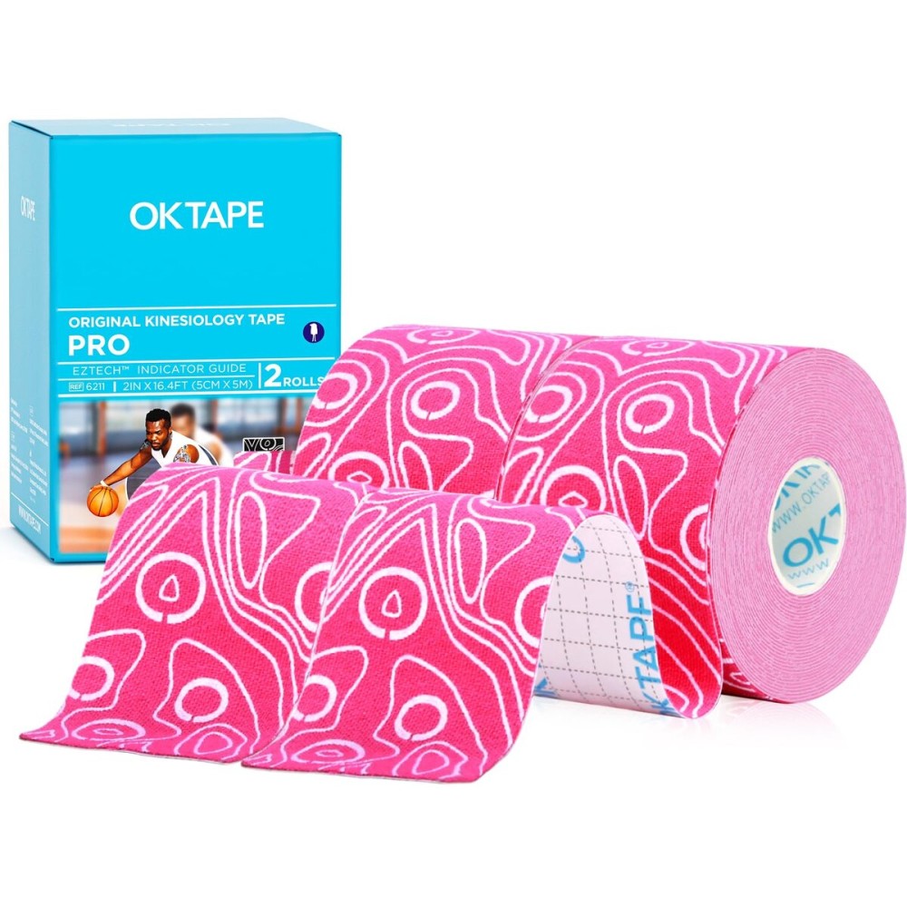 OK TAPE PRO Kinesiology Tape, 2inch x Long Roll 16ft Free Cut Tape, Elastic Athletic Tape Therapeutic Latex Free, 2 Rolls Pink+White