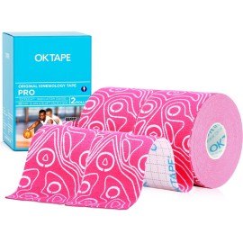 OK TAPE PRO Kinesiology Tape, 2inch x Long Roll 16ft Free Cut Tape, Elastic Athletic Tape Therapeutic Latex Free, 2 Rolls Pink+White