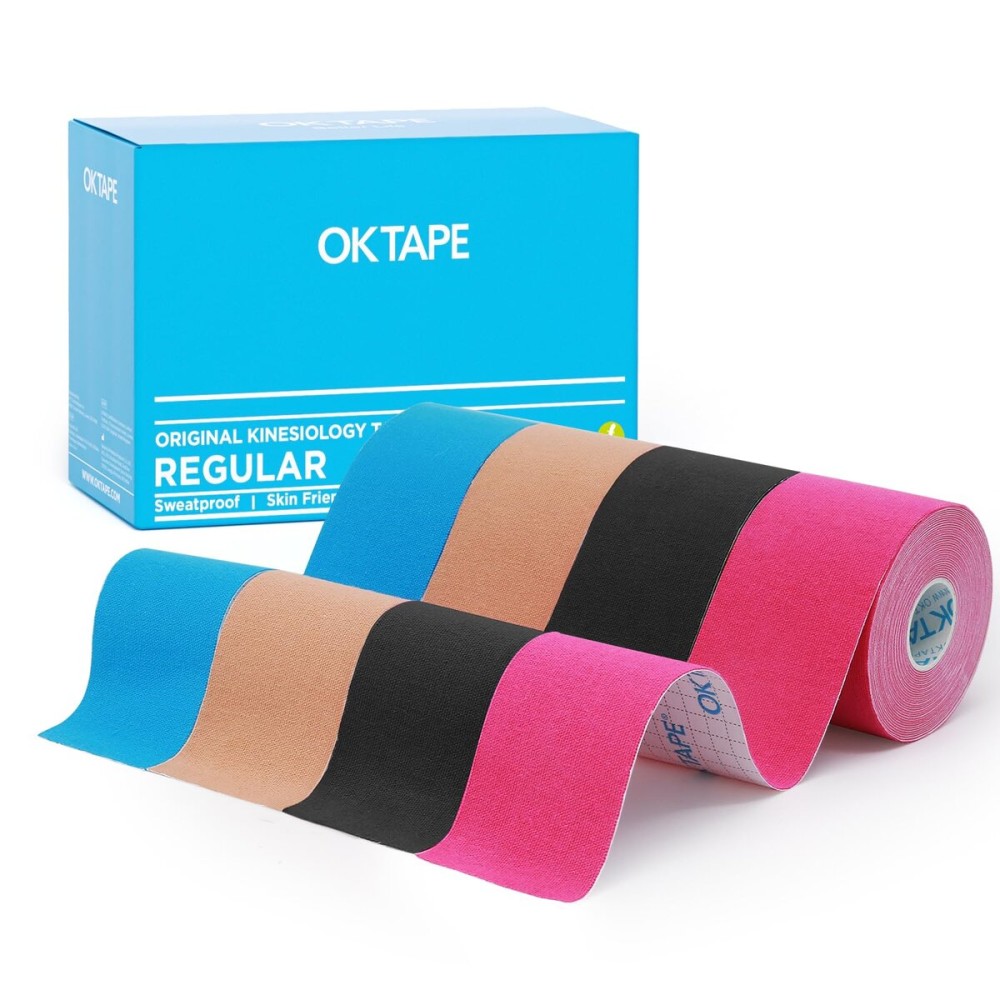 OK TAPE Regular Kinesiology Tape (4 Pack), Original Cotton Athletic Tape for Support Muscle Joint Knee, Sports Waterproof Tape Uncut Strips Latex Free, Hypoallergenic, 2in16.4ft - 4 Colors
