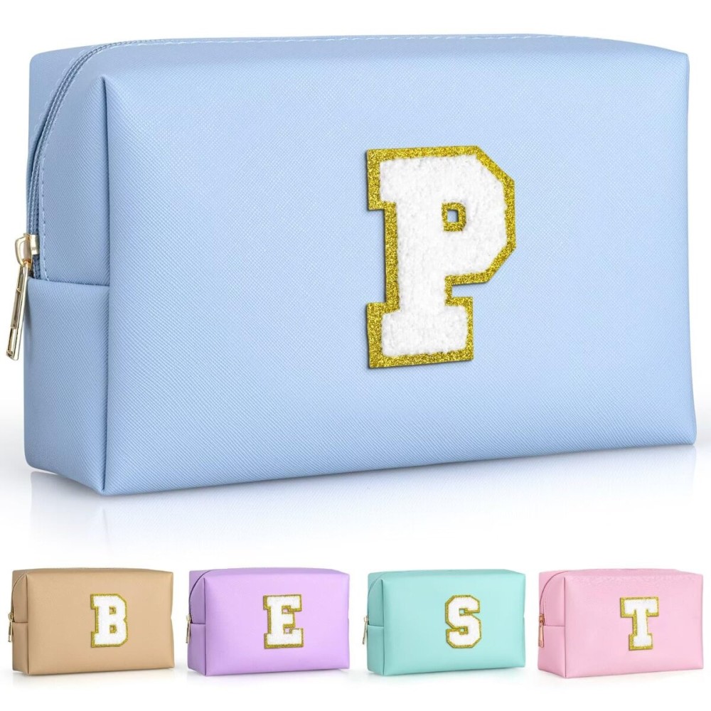 TOPEAST Personalized Makeup Bag, Chenille Letter Pouch Cosmetic Bag w Zipper, PU Leather Waterproof Toiletry Bag, Bridal Shower Gifts for Bridesmaids, Cute Stuff for Girls (Sky Blue P)