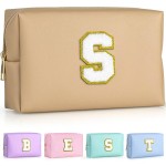 TOPEAST Initial Cosmetic Bag for Women, Preppy Small Makeup Bag, PU Leather Waterproof Toiletry Bag, Monogrammed Birthday Gifts for Women, Stuff for girls (Khaki S)