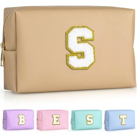 TOPEAST Initial Cosmetic Bag for Women, Preppy Small Makeup Bag, PU Leather Waterproof Toiletry Bag, Monogrammed Birthday Gifts for Women, Stuff for girls (Khaki S)