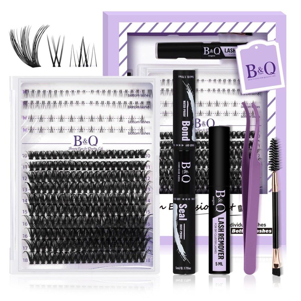 B&Qaugen Eyelash Extension Kit with Bottom Lash Extension 10-18mm 50D D Curl Lash Clusters Kit with Bottom Lashes DIY Lash Extension Kit Bond and Seal Lash Applicator (Kit-50D-D-MIX10-18)