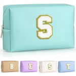 TOPEAST Initial Cosmetic Bag for Women, Preppy Small Makeup Bag, PU Leather Waterproof Toiletry Bag, Monogrammed Birthday Gifts for Women, Stuff for girls (Blue S)