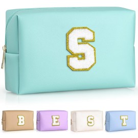 TOPEAST Initial Cosmetic Bag for Women, Preppy Small Makeup Bag, PU Leather Waterproof Toiletry Bag, Monogrammed Birthday Gifts for Women, Stuff for girls (Blue S)