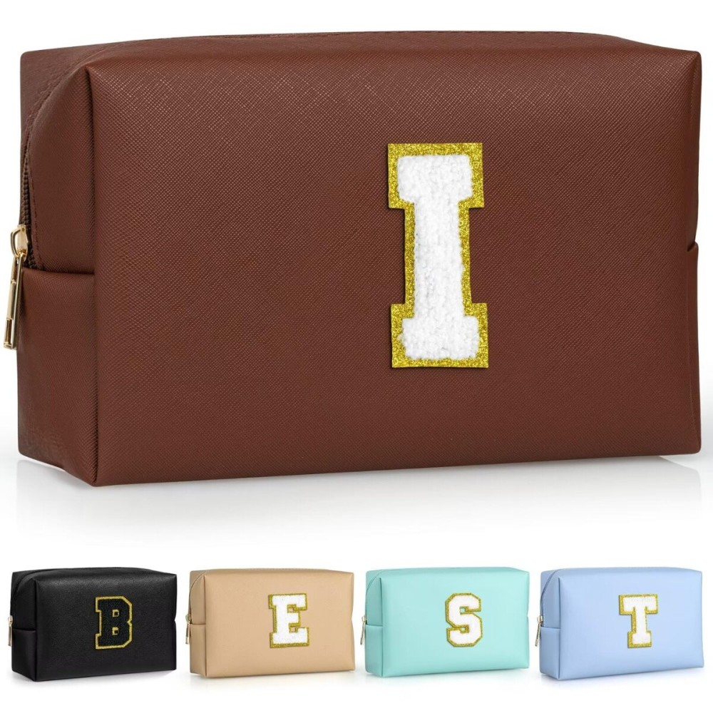 TOPEAST Preppy Makeup Bag, Cute Makeup Pouch PU Leather Waterproof Cosmetic Bag, Personalized Birthday Gifts for Mom Teacher Friends Bridesmaids Nurse, Trendy Stuff for Girls (Brown I)