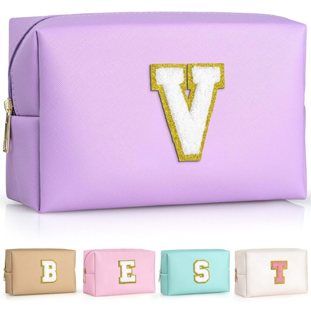 TOPEAST Initial Makeup Bags for Women, Personalized Portable Cosmetic Bag for Travel, Cute Makeup Pouch, PU Leather Waterproof Toiletry Bag, Preppy Things for Girl (Purple V)