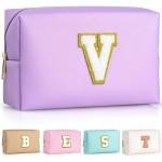 TOPEAST Initial Makeup Bags for Women, Personalized Portable Cosmetic Bag for Travel, Cute Makeup Pouch, PU Leather Waterproof Toiletry Bag, Preppy Things for Girl (Purple V)