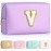 TOPEAST Initial Makeup Bags for Women, Personalized Portable Cosmetic Bag for Travel, Cute Makeup Pouch, PU Leather Waterproof Toiletry Bag, Preppy Things for Girl (Purple V)