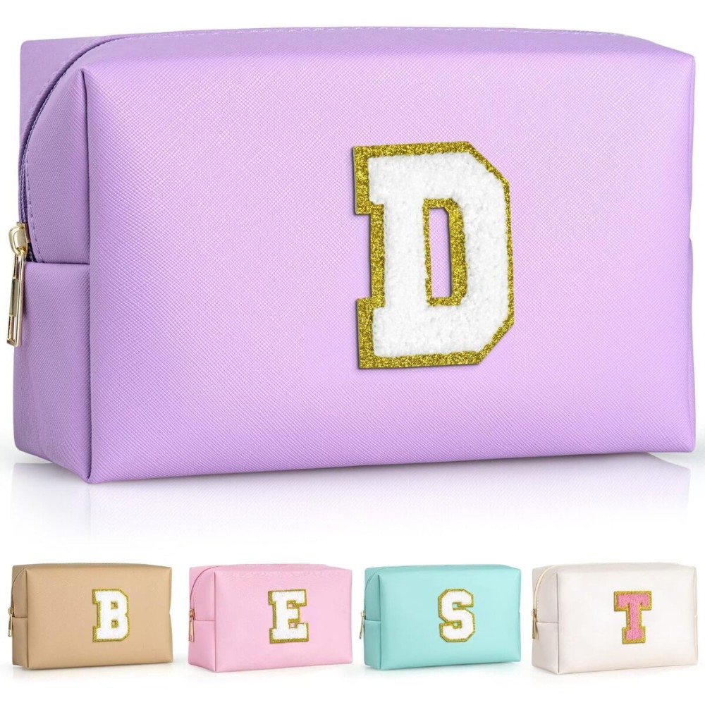 TOPEAST Preppy Small Makeup Bag, Chenille Letter Pouch Cosmetic Bag With Zipper, PU Leather Waterproof Toiletry Bag, Personalized Birthday Gift for Women, Cute Stuff for Girls (Purple D)