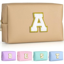 TOPEAST Preppy Makeup Bag, Personalized Initial Bags with Zipper, Cute Makeup Pouch, PU Leather Waterproof Cosmetic Bag, Birthday Gift for Daughter, Preppy Things for Girls (Khaki A)